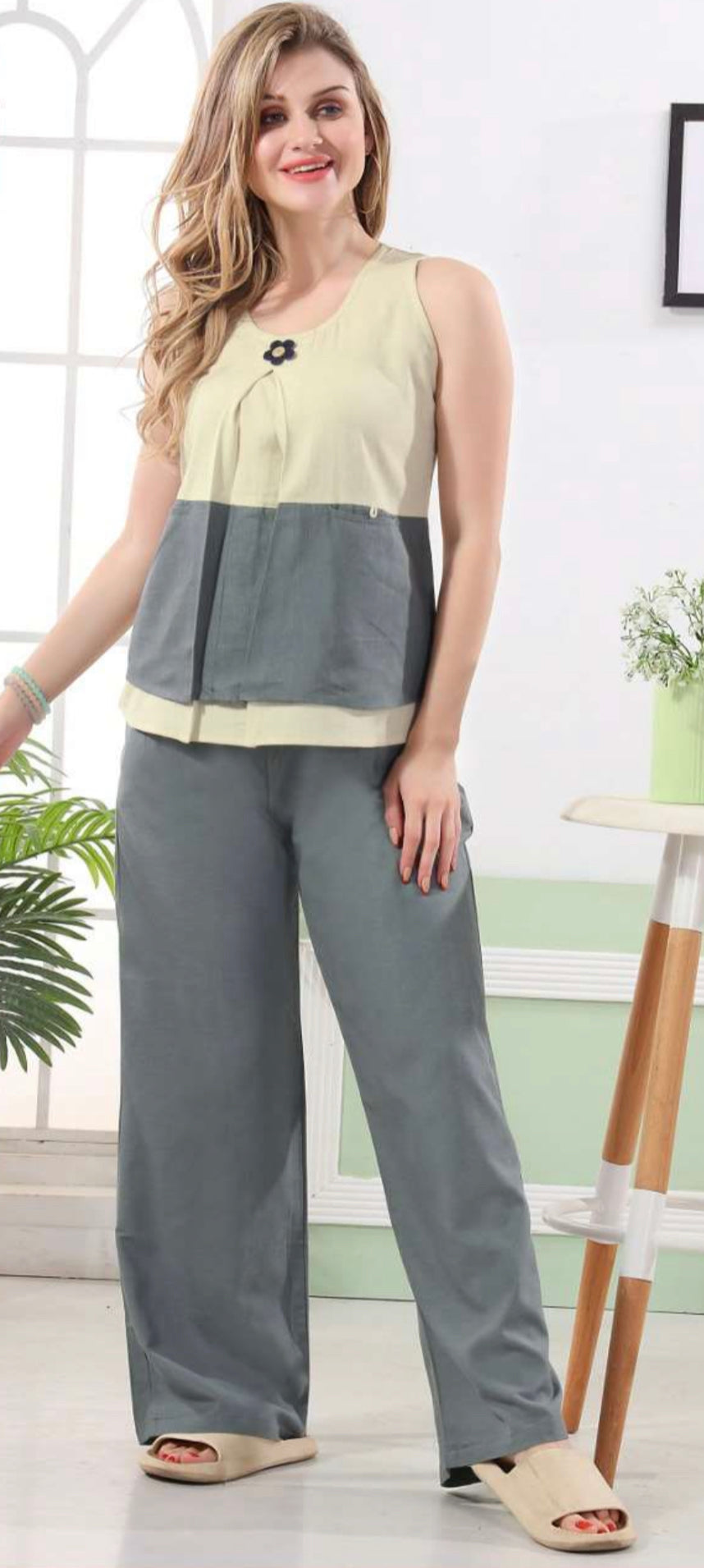 Sleeveless Linen Lounge Wear q441