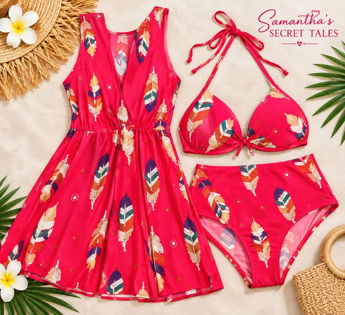 Hot Pink Tropical Feather Print 3- Piece Swimwear Set