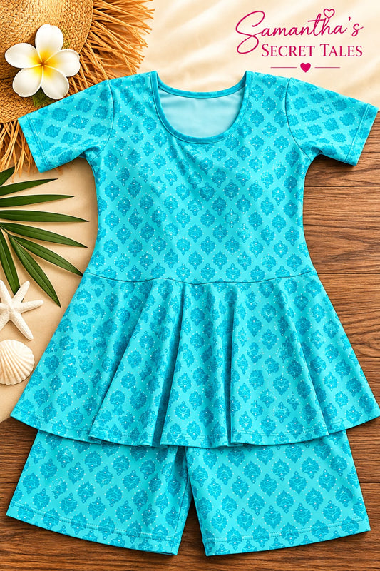 Aqua Blue Printed Swimwear Set with Shorts
